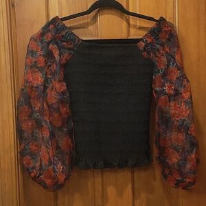 Y2k sheer black red floral sleeve top blouse rouched whimsigoth Xs calligraphy
